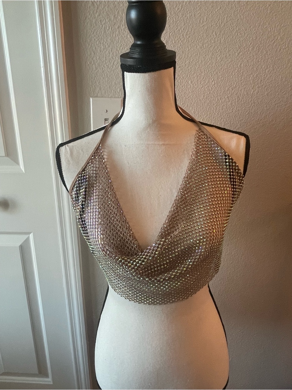Jeweled Mesh Halter Crop Top -